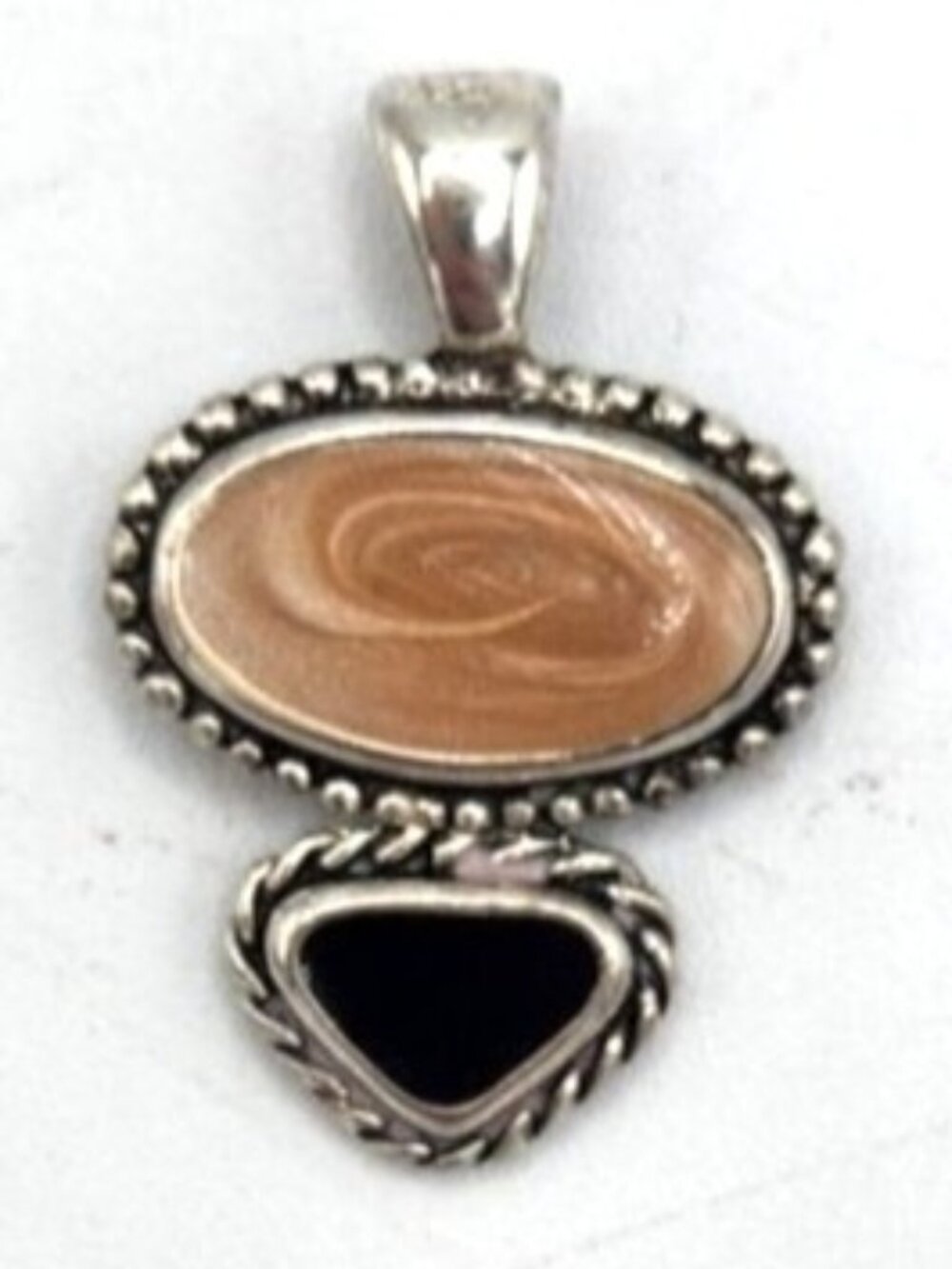 Oval Cream & Black Stone Enamel Pendant With Silver-Tone Rope Design